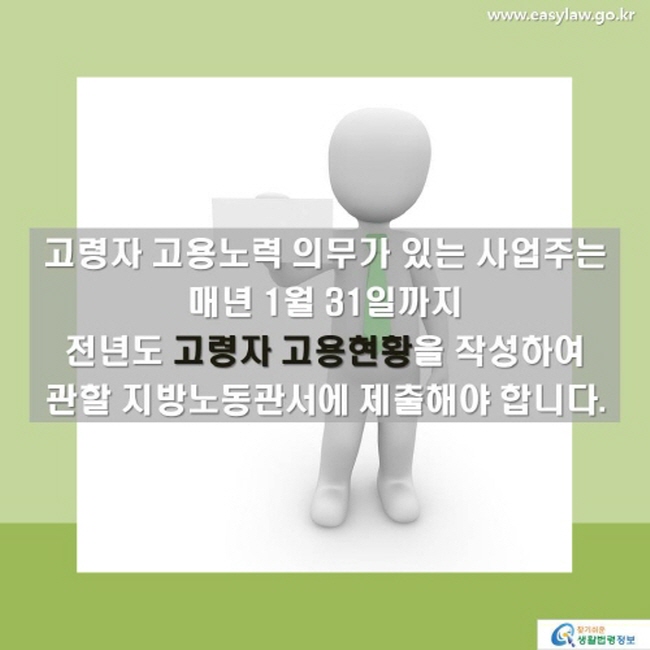 고령자 고용노력 의무가 있는 사업주는 매년 1월 31일까지 전년도 고령자 고용현황을 작성하여 관할 지방노동관서에 제출해야 합니다.